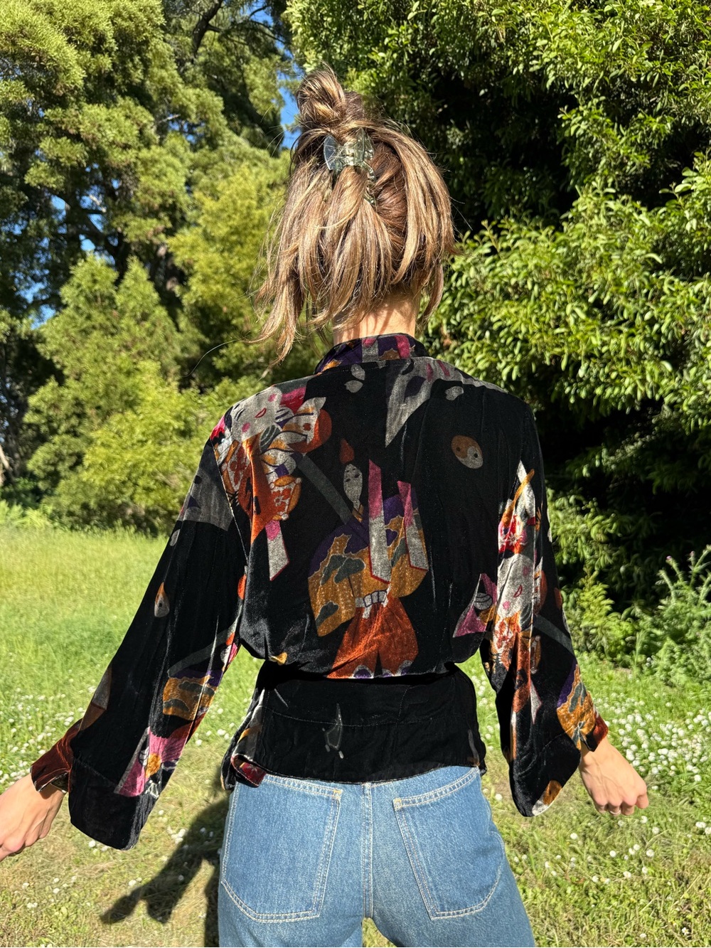 Vintage Citron Velvet Silk Blend Burnout Kimono Jacket, Asian Art Motif